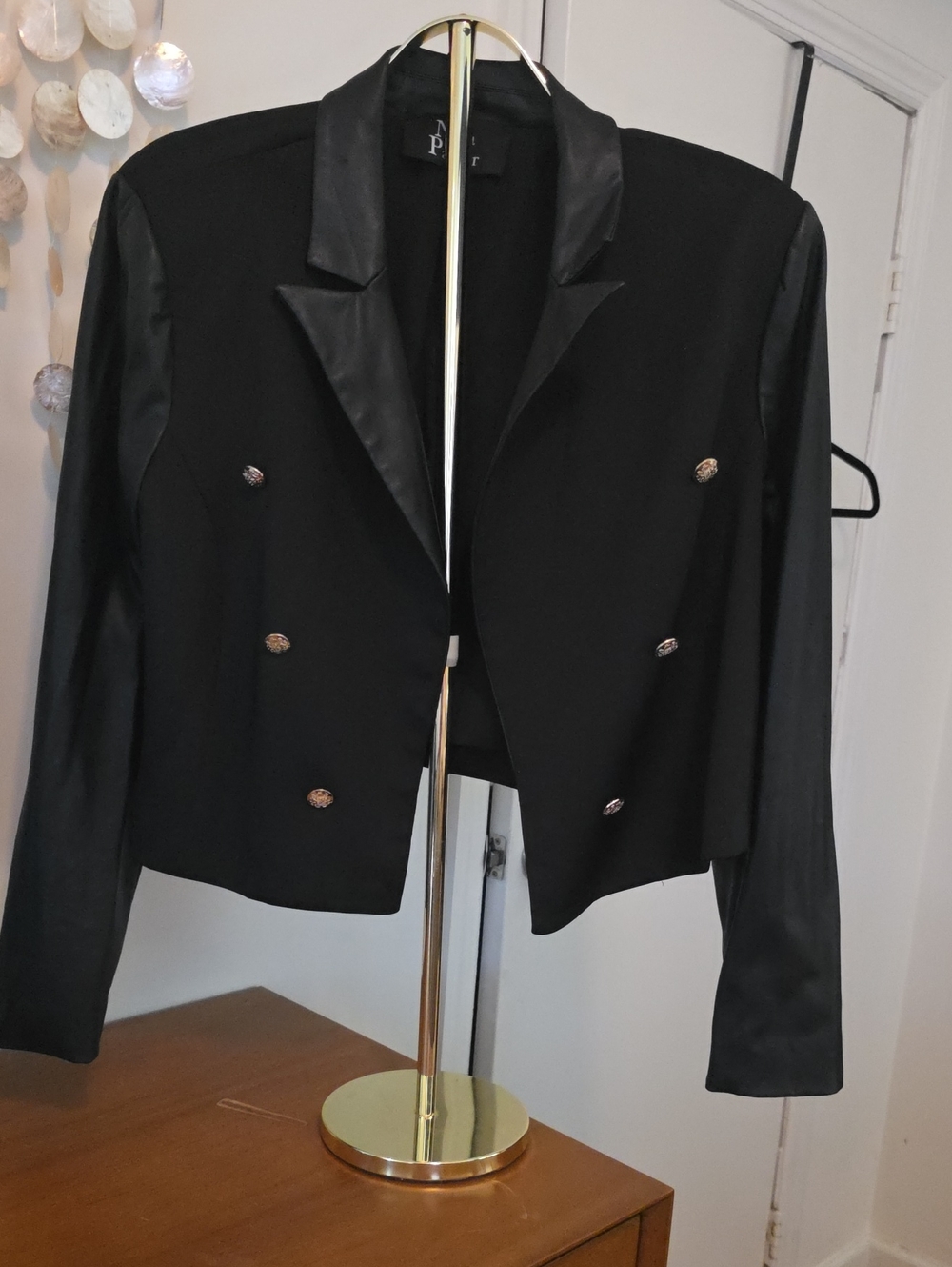 Black Cropped Double-Breasted Women's Blazer with Satin Trim